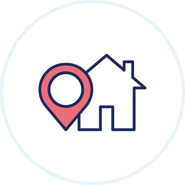 Home with location pin icon.