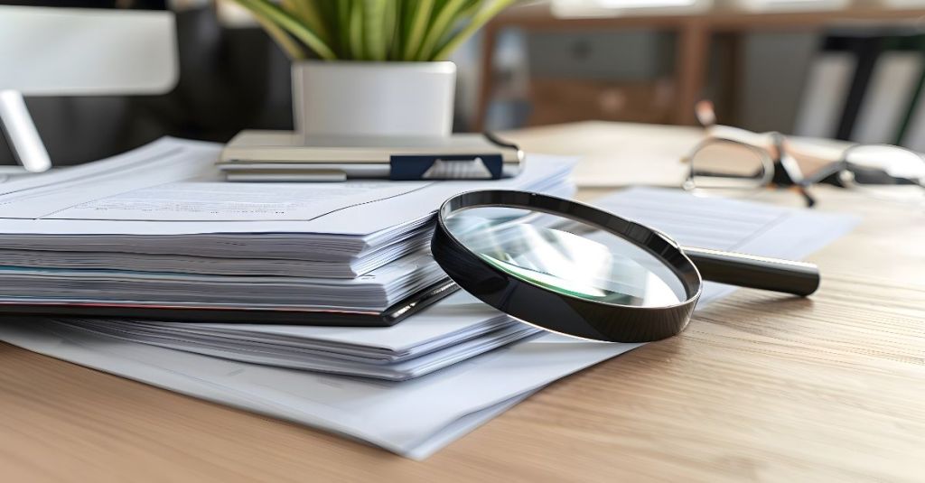 Stack of papers beside a magnifying glass