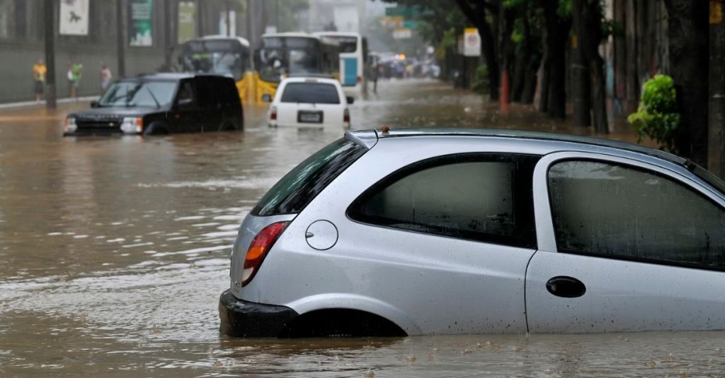 Cars in the street during a flood