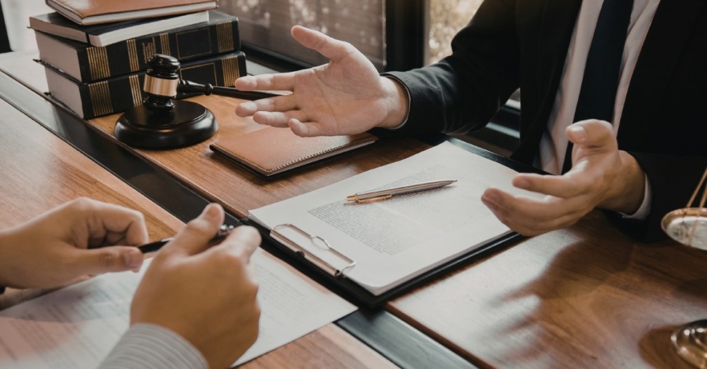 A professional legal conversation taking place between two people