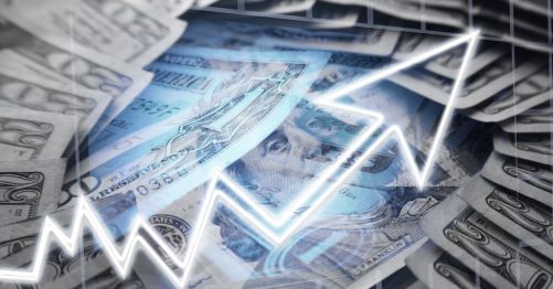 An increasing line illustration with money in the background