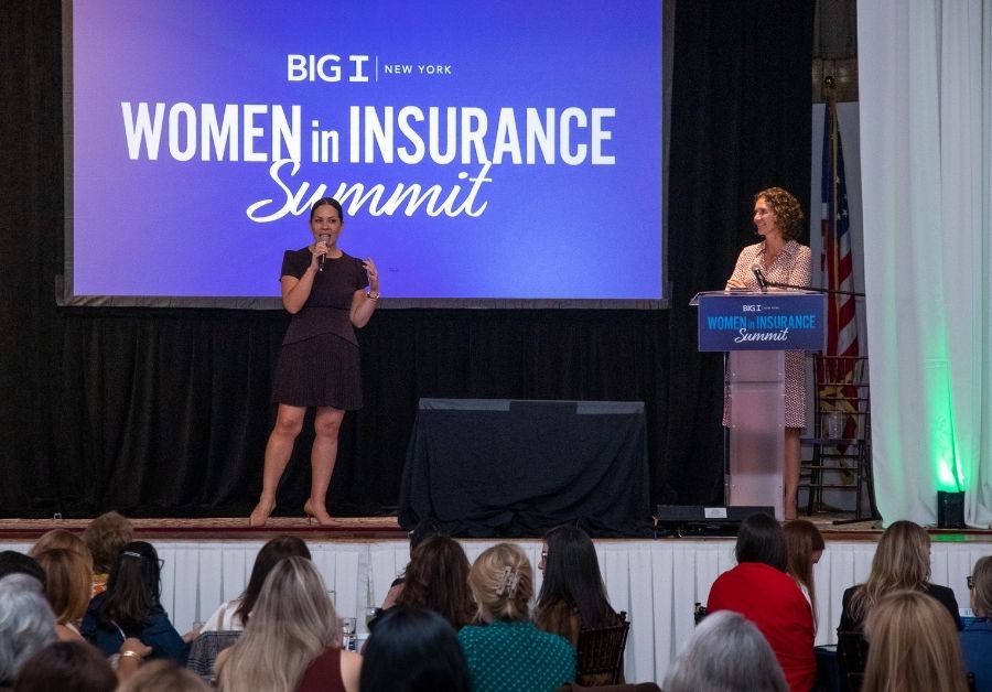 Brooke Liu of MarshBerry speaking on stage with Big I NY's President & CEO Lisa Lounsbury at the Big I NY Women in Insurance 2026.