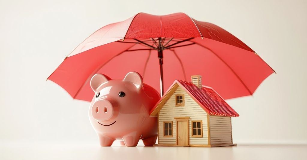 Red umbrella hanging over a piggy bank and house figure