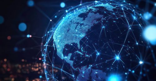 A digital cyber landscape over a globe view of Earth.