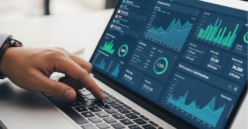 Man using keyboard to navigate interactive dashboard