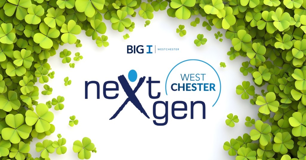 NextGen Westchester and Big I Westchester logos with a shamrock background