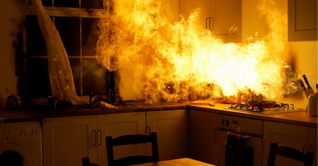 A fire erupting over a gas stove in a kitchen.