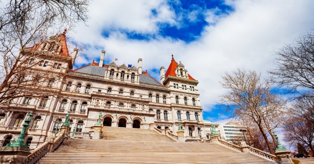 The view going up the staircase to the Capitol building in Albany, NY.