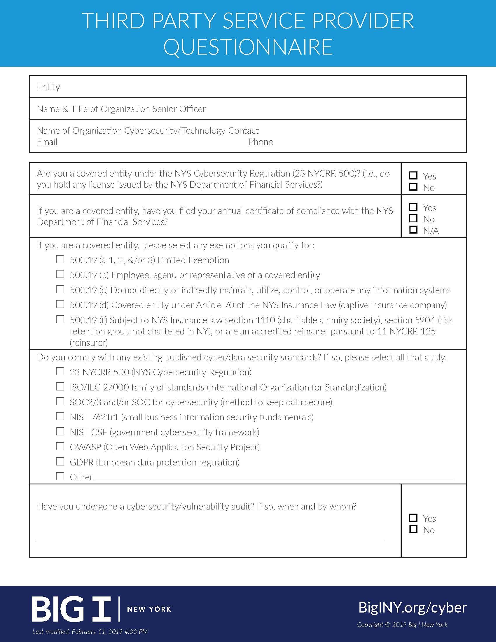 Third-Party Service Provider questionnaire document provided by Big I NY.