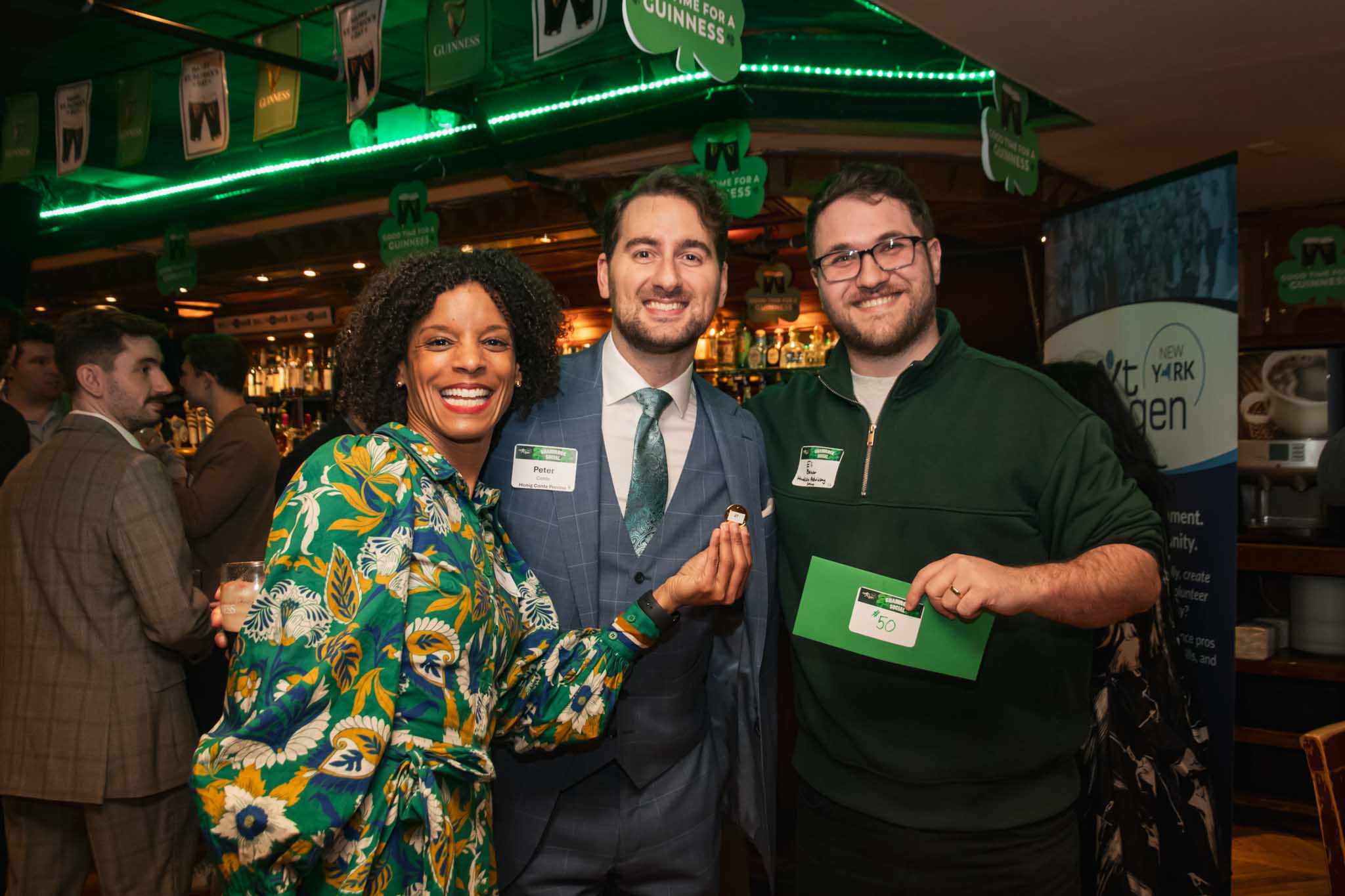 Jacquie Kelly Kaden (RLK Insurance), Peter Conte (Honig Conte Perrino), and Eli Bauer (Hudson Advisory) at the NextGen NYC Shamrock Social.