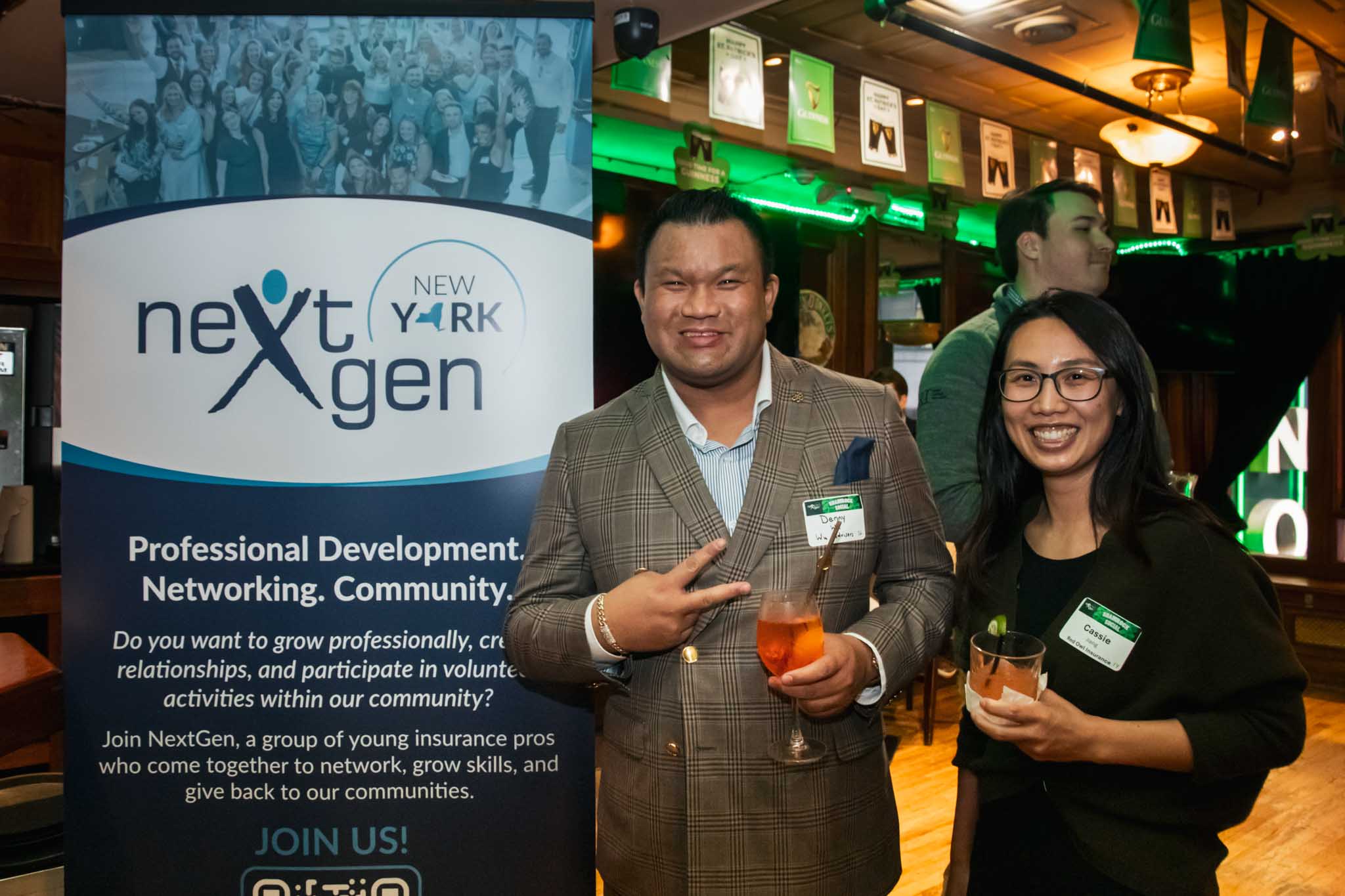 Denny Wu (Wu Advisors) and Cassie Jiang (Red Owl Insurance) at the NextGen NYC Shamrock Social.