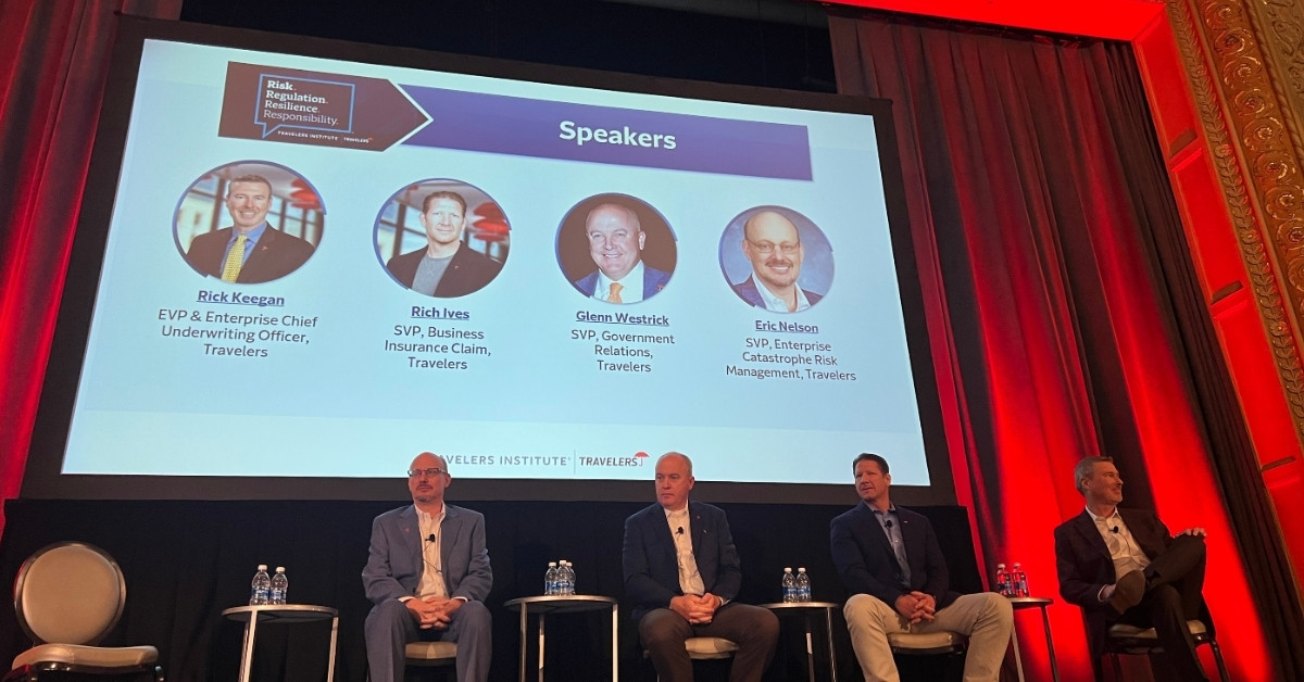 Joan Woodward, Travelers Institute President, moderating a panel of Travelers senior leaders in Underwriting, Claims, Government Relations, and Catastrophe Risk Management.